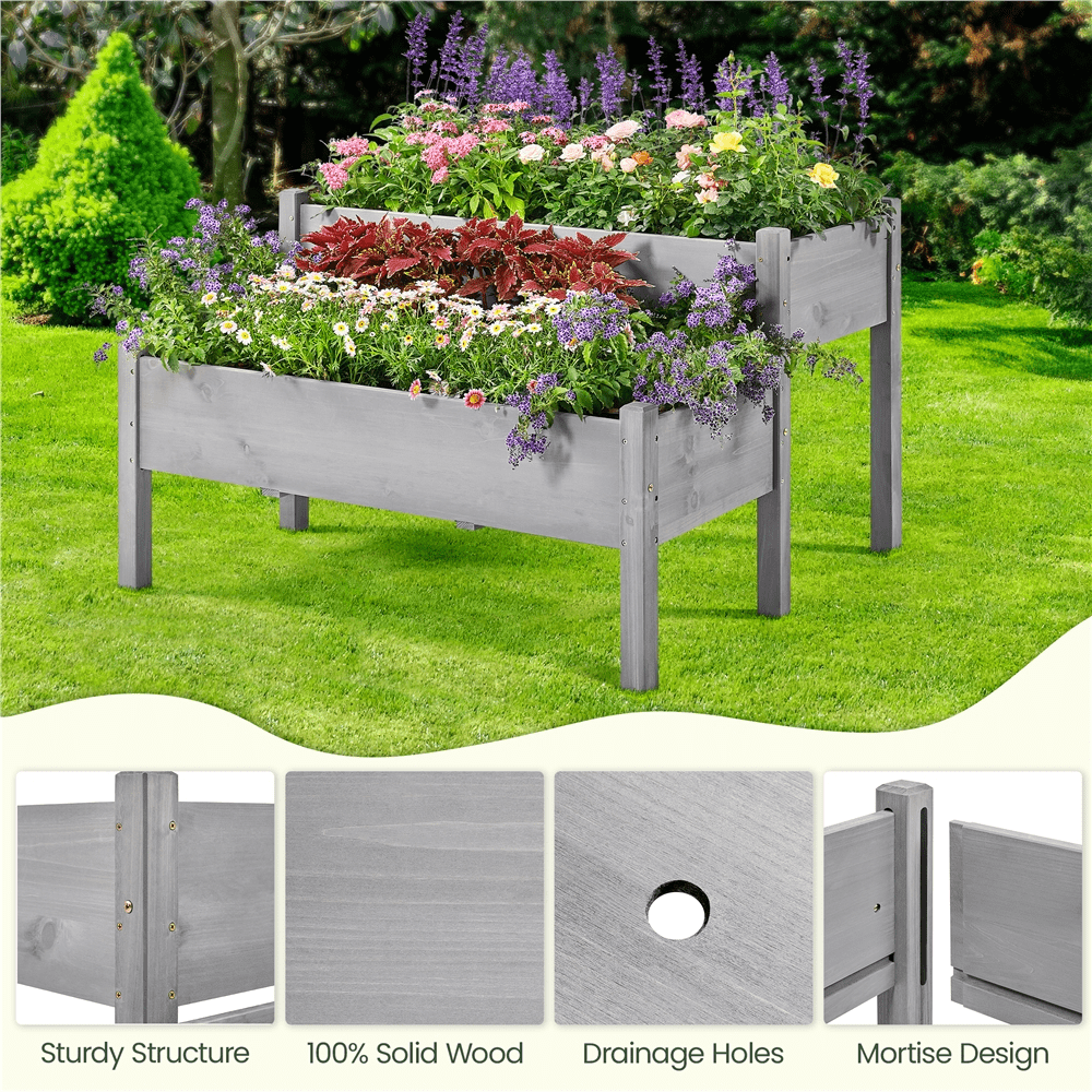 Renwick 2-tier Elevated Wooden Planter Box for Garden Yard Patio, Gray
