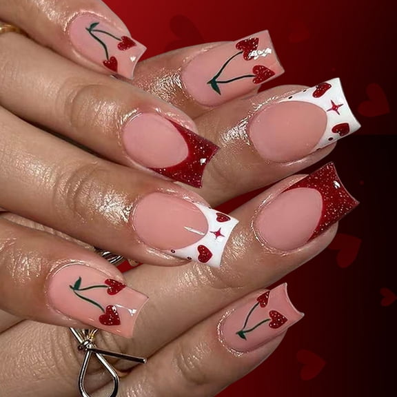 Zeiwohndc Valentine Red Press On Nail with Heart Glitters Design Short False Nail