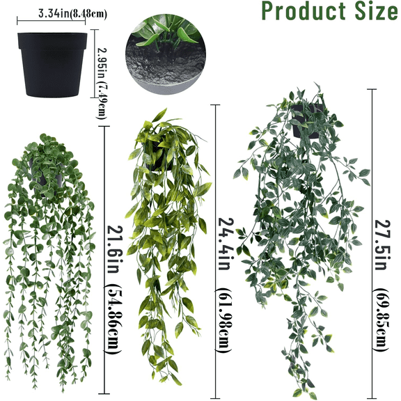 DAZUINIAO Easter Fake Hanging Plants Artificial Plant Indoor Faux Hanging Greenery Eucalyptus Plants for Patriotic Party Supplies 3PCS (Including 3 Pots)