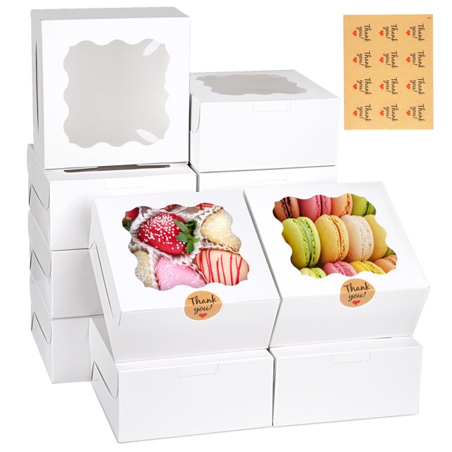 Cajas para galletas WINKIO 15x15x8 cm blancas, 12 unidades con stickers
