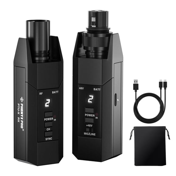 Phenyx Pro Plug-on XLR Wireless Transmitter Receiver System, Wired-to-Wireless Microphone System w/ 16 UHF Frequencies, Auto-Scan