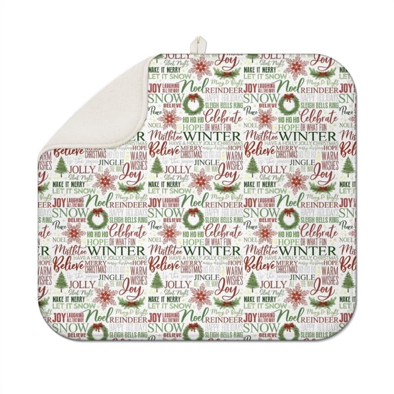 Multicolor Christmas Word Pattern Dish Drying Mat for Kitchen 1 Pack, Ultra Absorbent Microfiber Dishes Drainer Mats,16x18in(41x46cm)