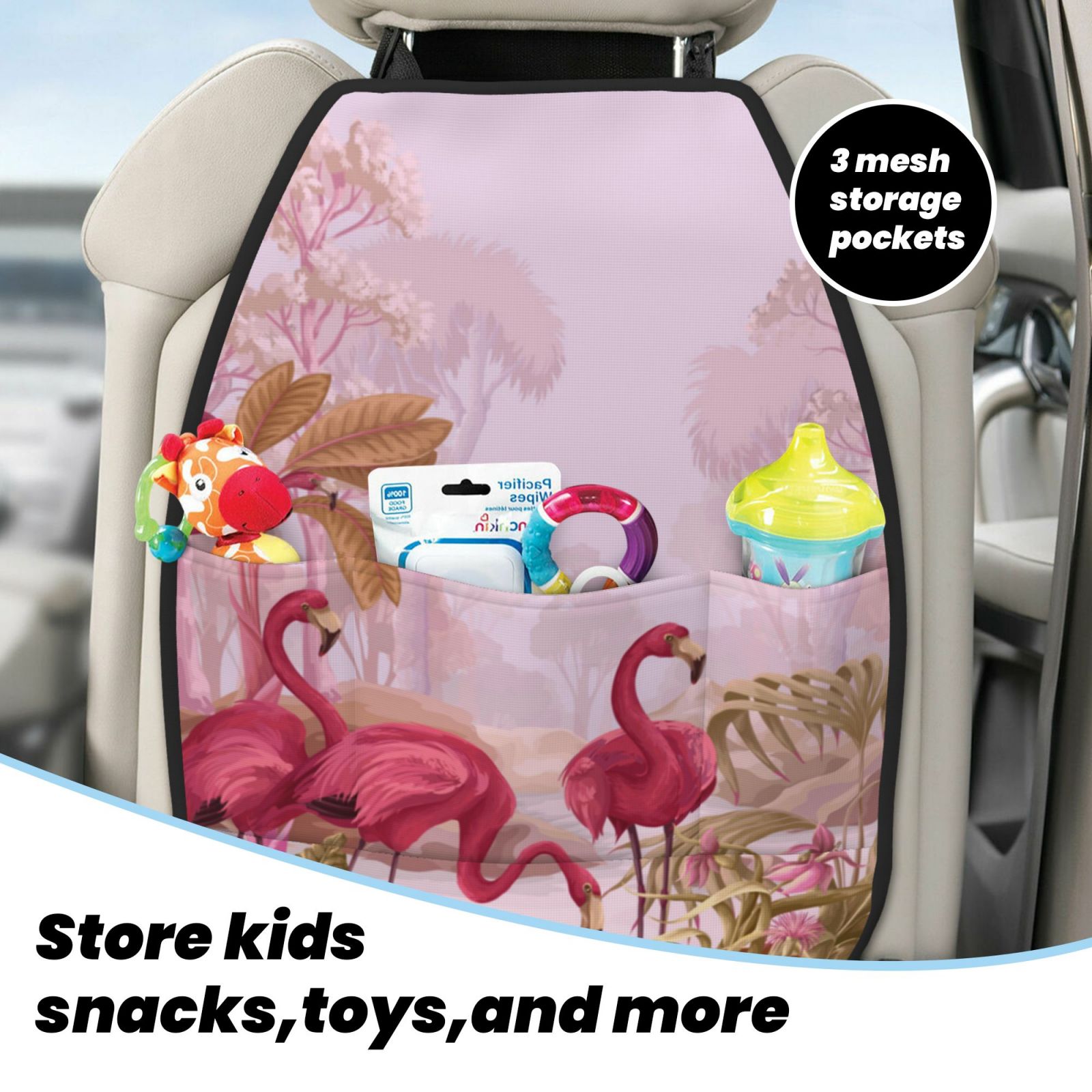Kdxio Flamingos In The Tropical Forest Print 2 Pack Car Kick Mat Seat Cover Back Protector Mat with Pockets for Organizer Backseat Protector and Storage Anti Kick Pad for Vehicles