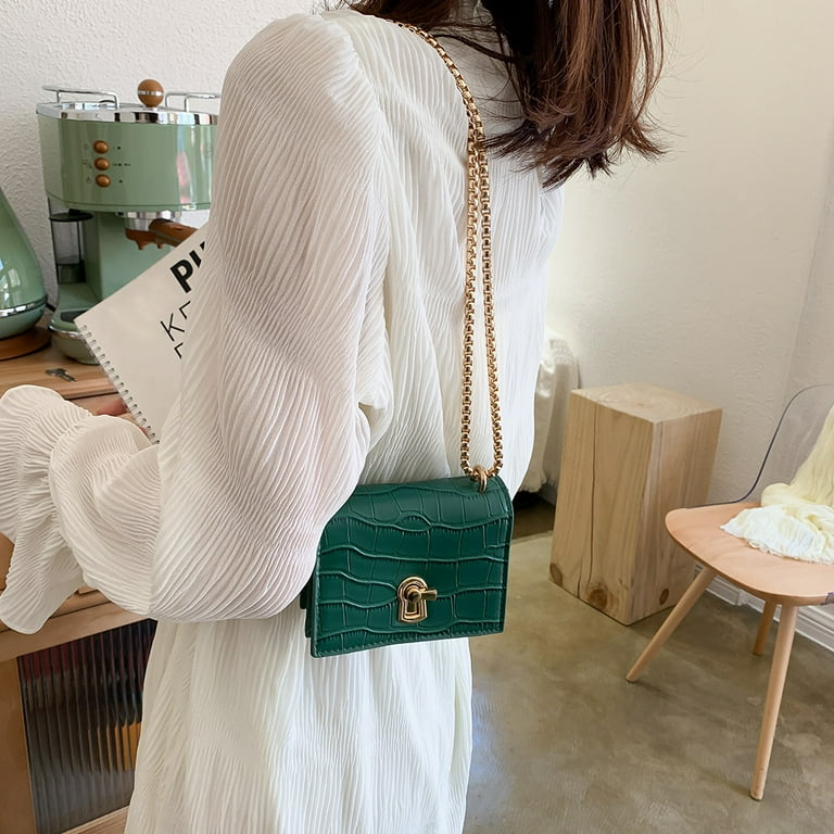 Diamond Elegant Women Pure Mini Shoulder Bags Leather Chain Messenger Bag,  Green 