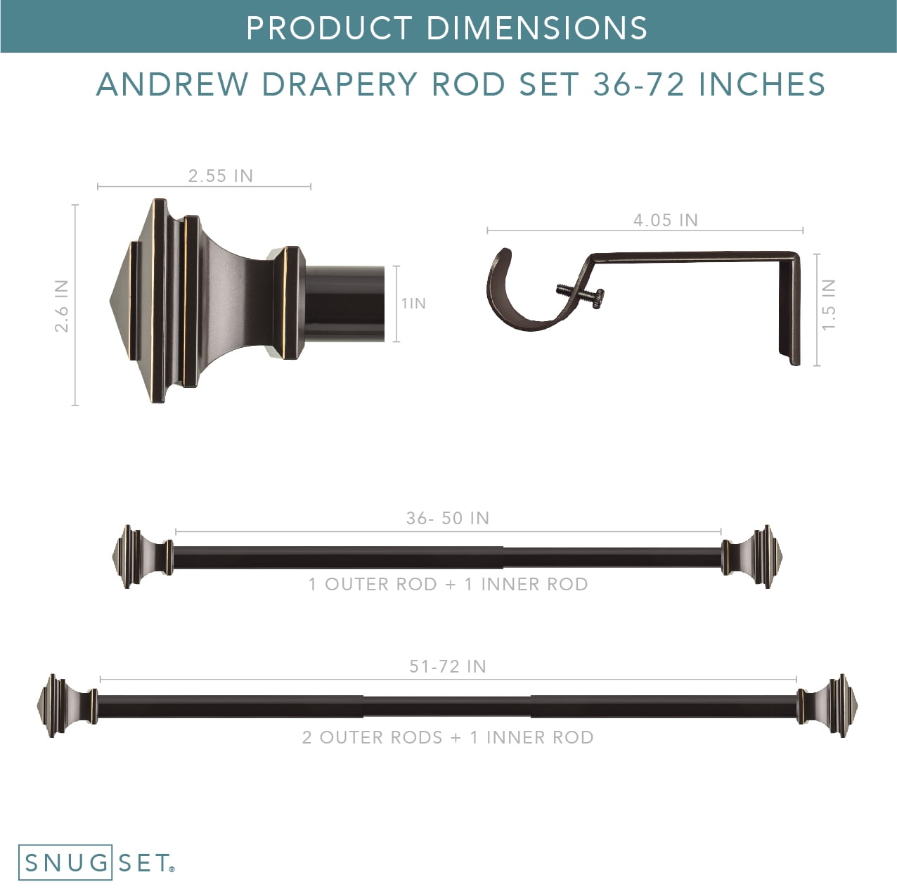 SnugSet 1" Bronze Andrew Square Adjustable Single Curtain Rod, 36"-72"