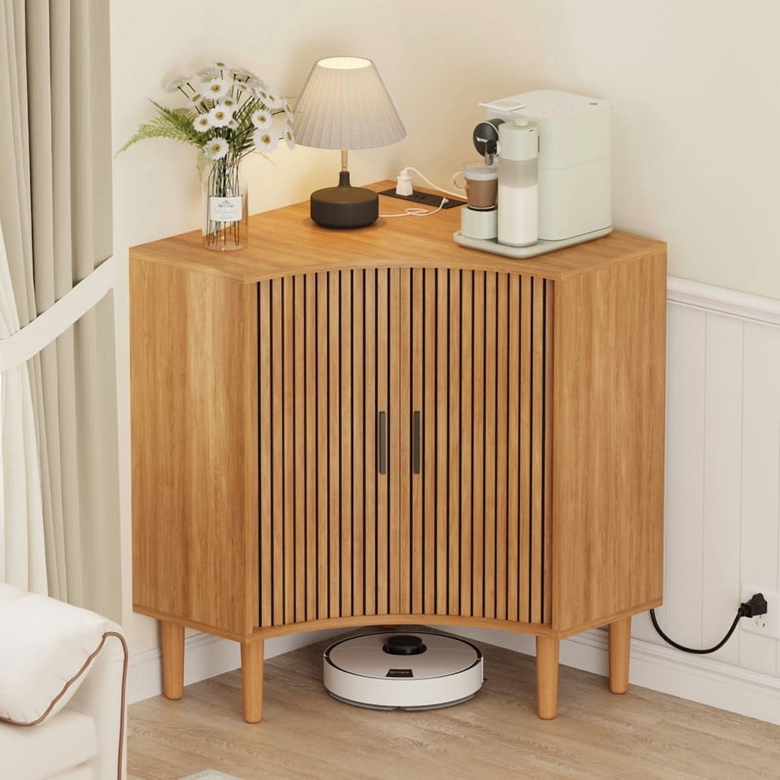 Fluted Corner Cabinet with Charging Station, Small Corner Floor Cabinet with Sliding Doors, Modern Wooden Freestanding Narrow Storage Organizer for Living Room, Small Space,Dining Room, Bathroom