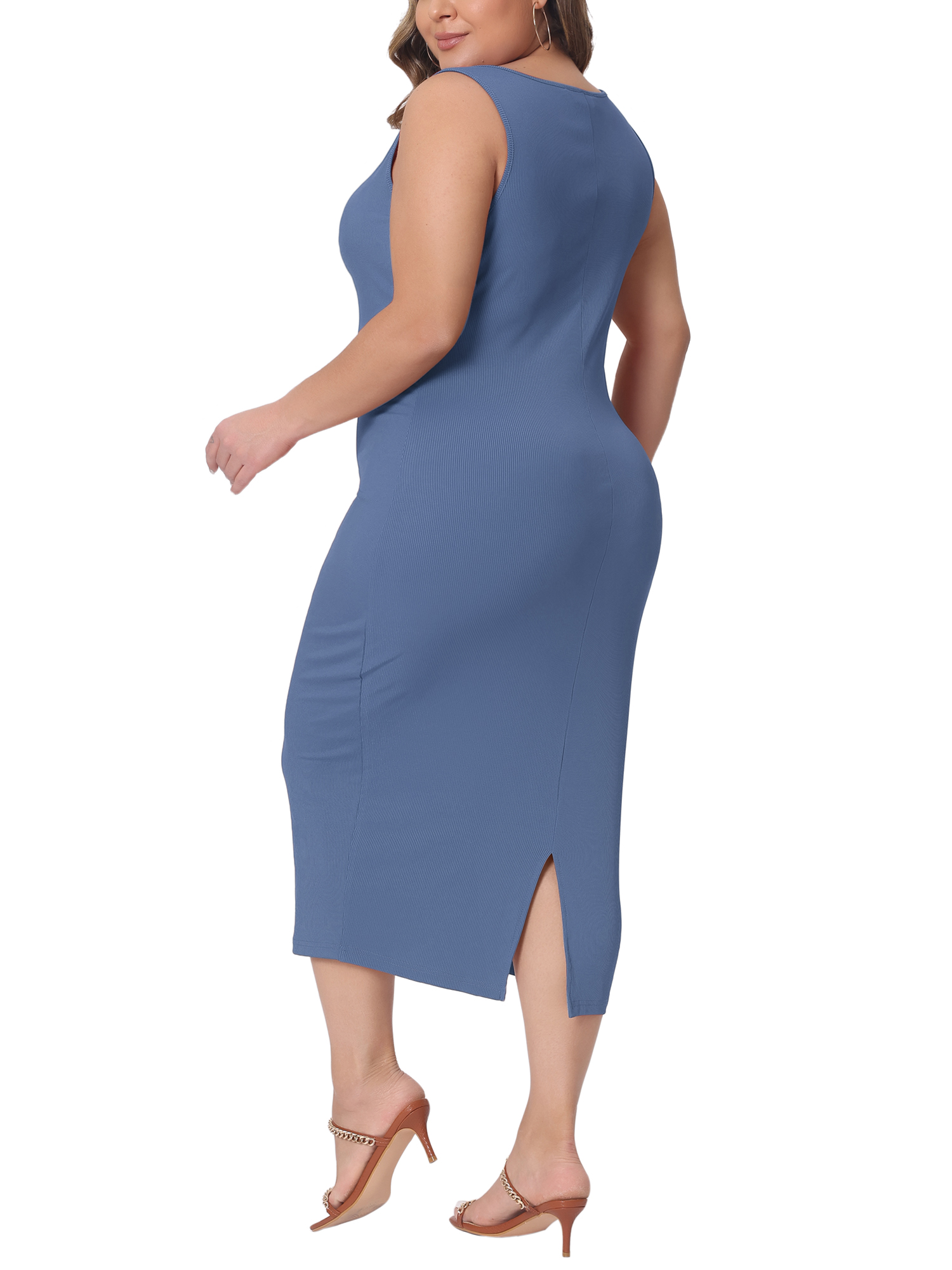 DARING DIVA Women's Plus Size Sleeveless Square Neck Bodycon Midi Tank Dress 3X Blue