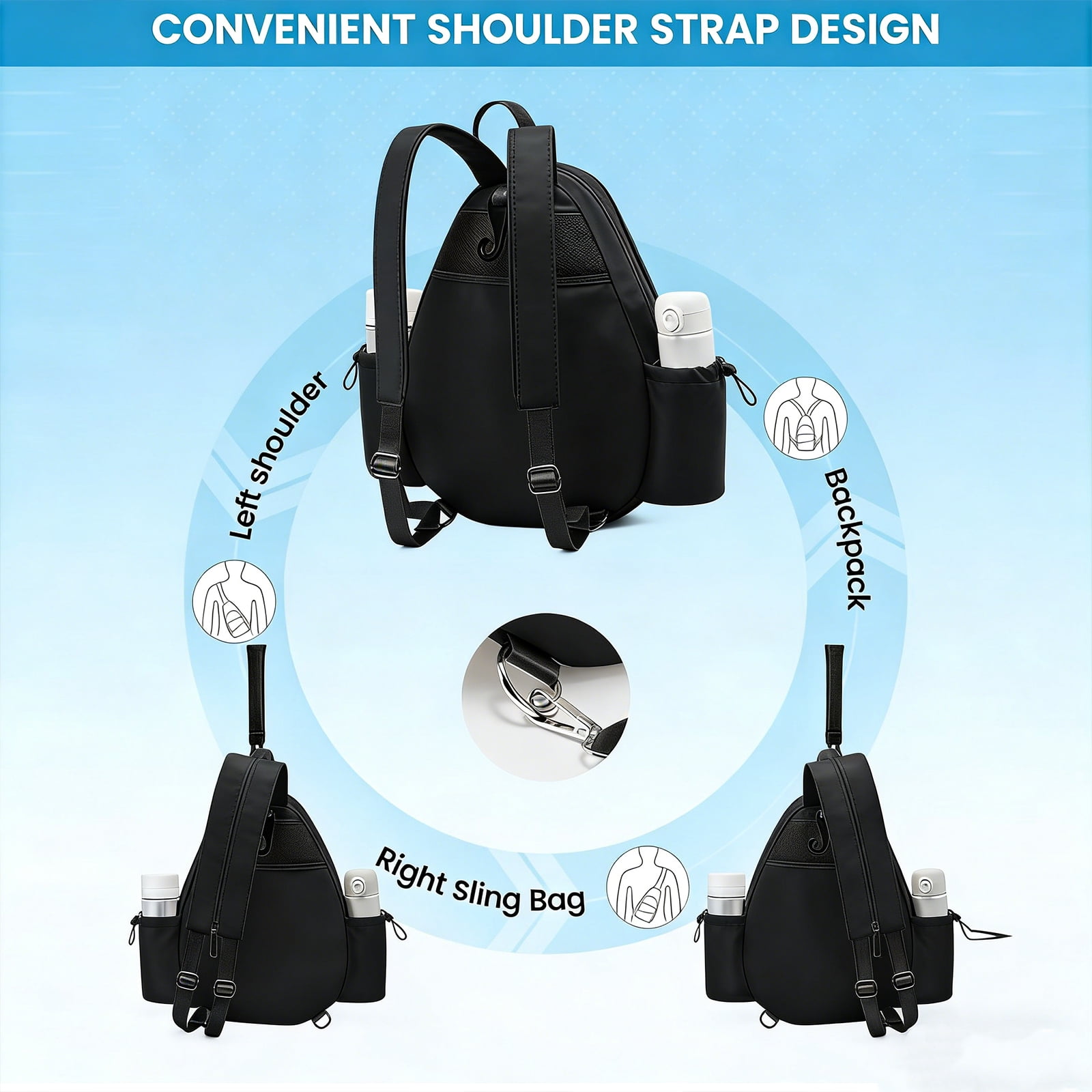 Yucurem Tennis Bag with Bottle Pockets, Quilted Tennis Sling Crossbody Backpack, Sport Storage Bag Suitable for Pickleball Badminton