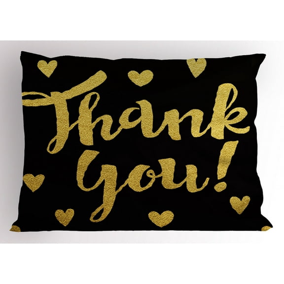Thank You Pillow Sham, Cursive Lettering with Sweet Hearts on Dark Background, Decorative Standard Queen Size Printed Pillowcase, 30" X 20", Pale Earth Yellow and Charcoal Grey, by Ambesonne