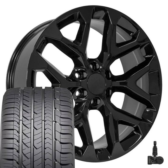 OE Wheels CV98B 22x9 Snowflake Wheels - Gloss Black 22 Inch Rims Set of 4, 6x139.7 Wheels - Optional TPMS & 285/45R22 Tires and Rims Packages - Fits GM Trucks & SUVs (Eagle Sport AS, TPMS)