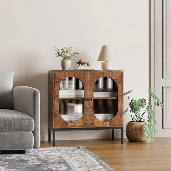 Modern Buffet Sideboard Cabinet – Hand-Woven Rattan with Curved Glass Door, Durable 30MM Thick Desktop, Ample Storage, Available in Oak, Black, White, Rustic Brown, Versatile for Dining