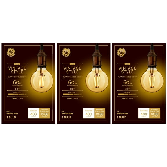 (case of 3 bulbs) GE Lighting Vintage Style LED G30 Globe Light Bulb, 5.5 Watts (60 Watt Equivalent) Warm Candle Light, Amber Glass, Medium Base, Dimmable, 400 lumens