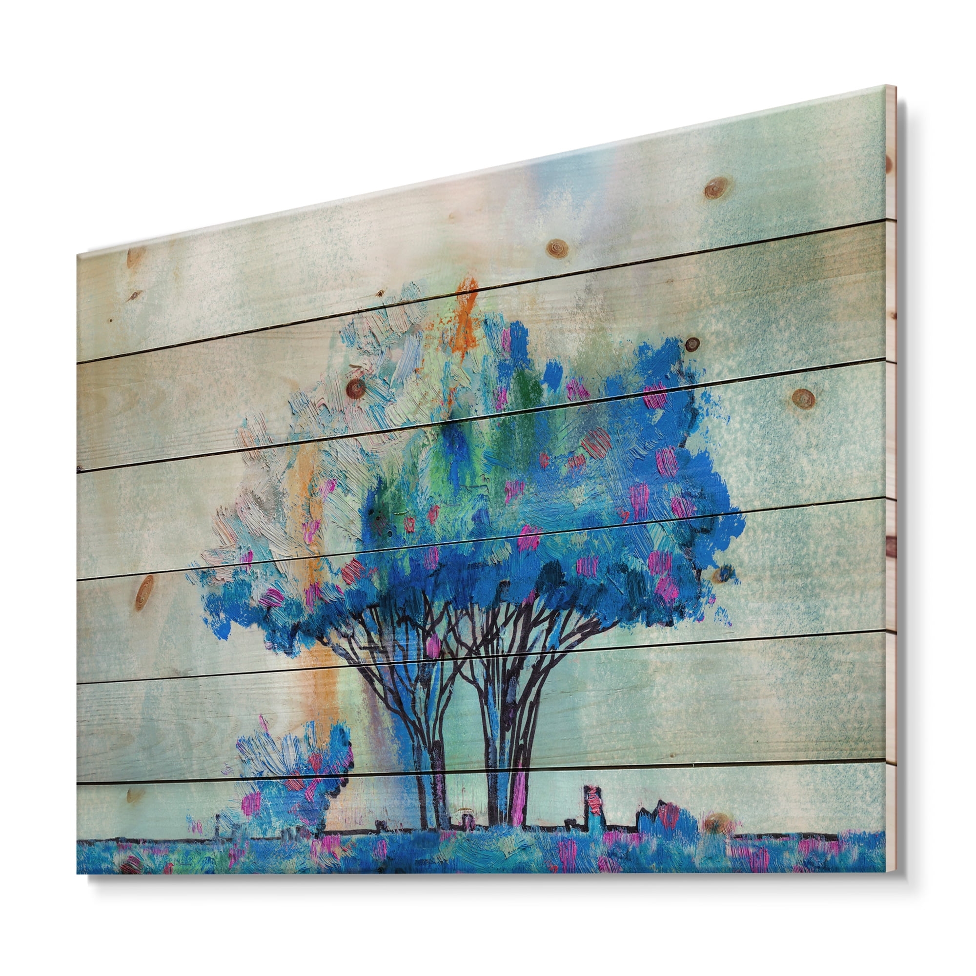 Designart 'Blue Coloured Tree Abstract Impression I' Modern Print on Natural Pine Wood