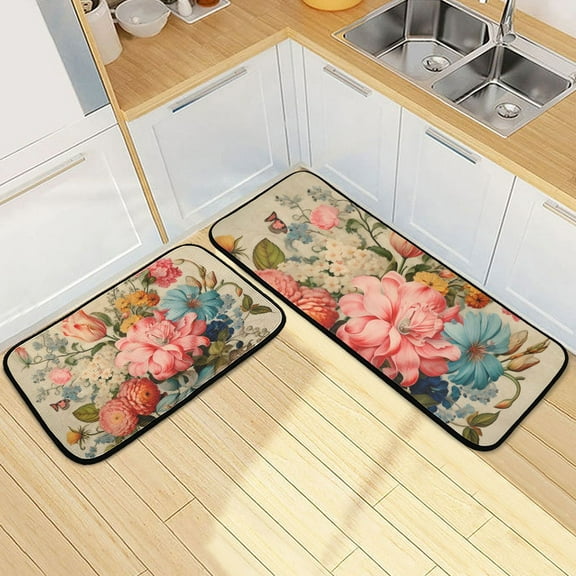 Pink Flowers Print Kitchen Mats Set 2 Piece Non Slip Floor Foam Rugs Cushioned Soft Waterproof Carpet Runner for Dining Room Bathroom Laundry