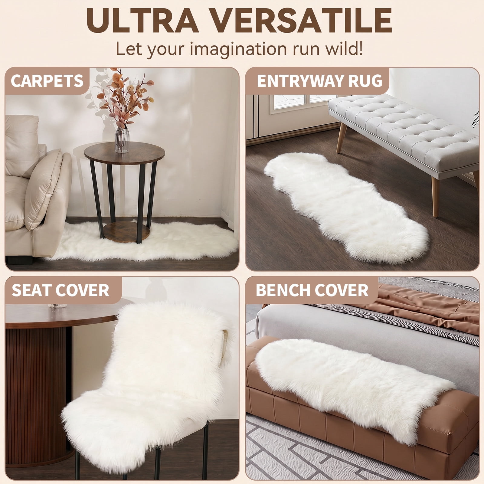 Fluffy Sheepskin Rug, YEERSWAG 2x6 ft Faux Fur Rug for Bedroom Living Room Nursery, Machine Washable Plush Carpet