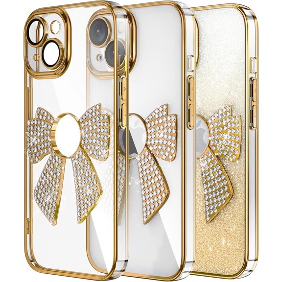 Case for iPhone 15 Case Glitter Bling Crystal Bow Design Full Camera Lens Protector Anti-Scratch Bumper Shockproof Cover Women Girls Soft TPU Case for iPhone 15 Gold KDL