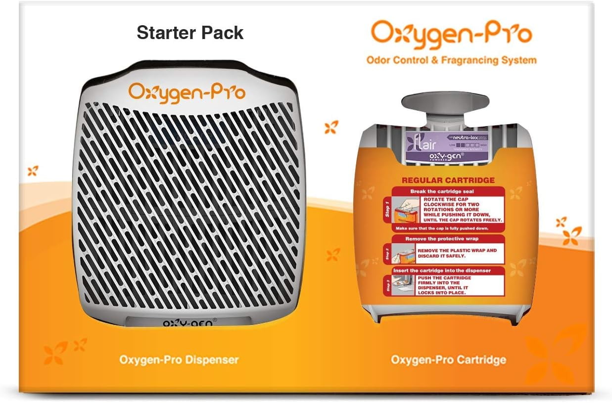Oxygen-Pro - Grande Starter Kit - Commercial Air Freshener and Deodorizer, Wall Mounted, Battery Operated Automatic Dispenser, Odor Eliminator, and Fragrancing System (Light)