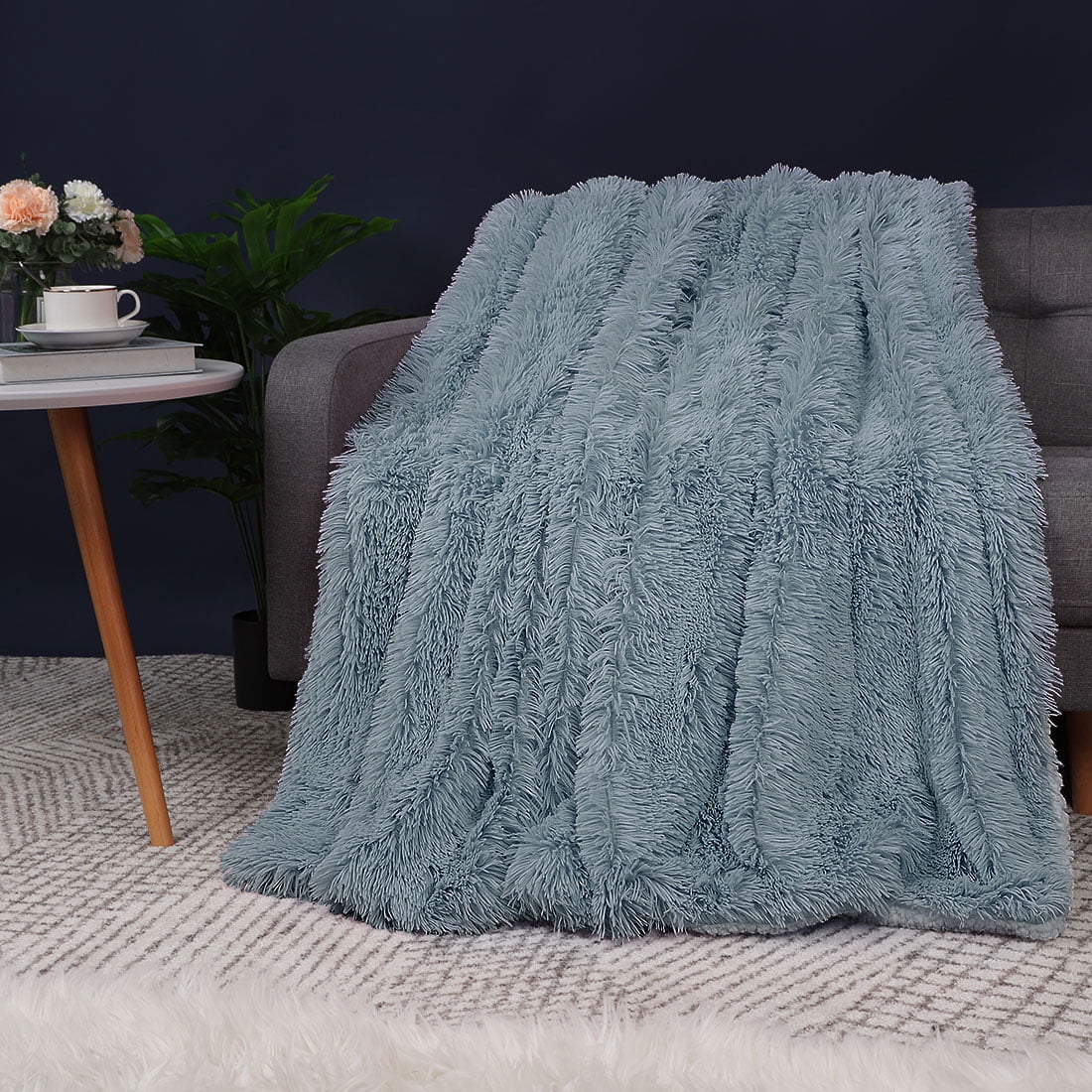 Unique Bargains Shaggy Faux Fur Soft Sherpa Blanket Cadet Grey Throw(50" x 60")
