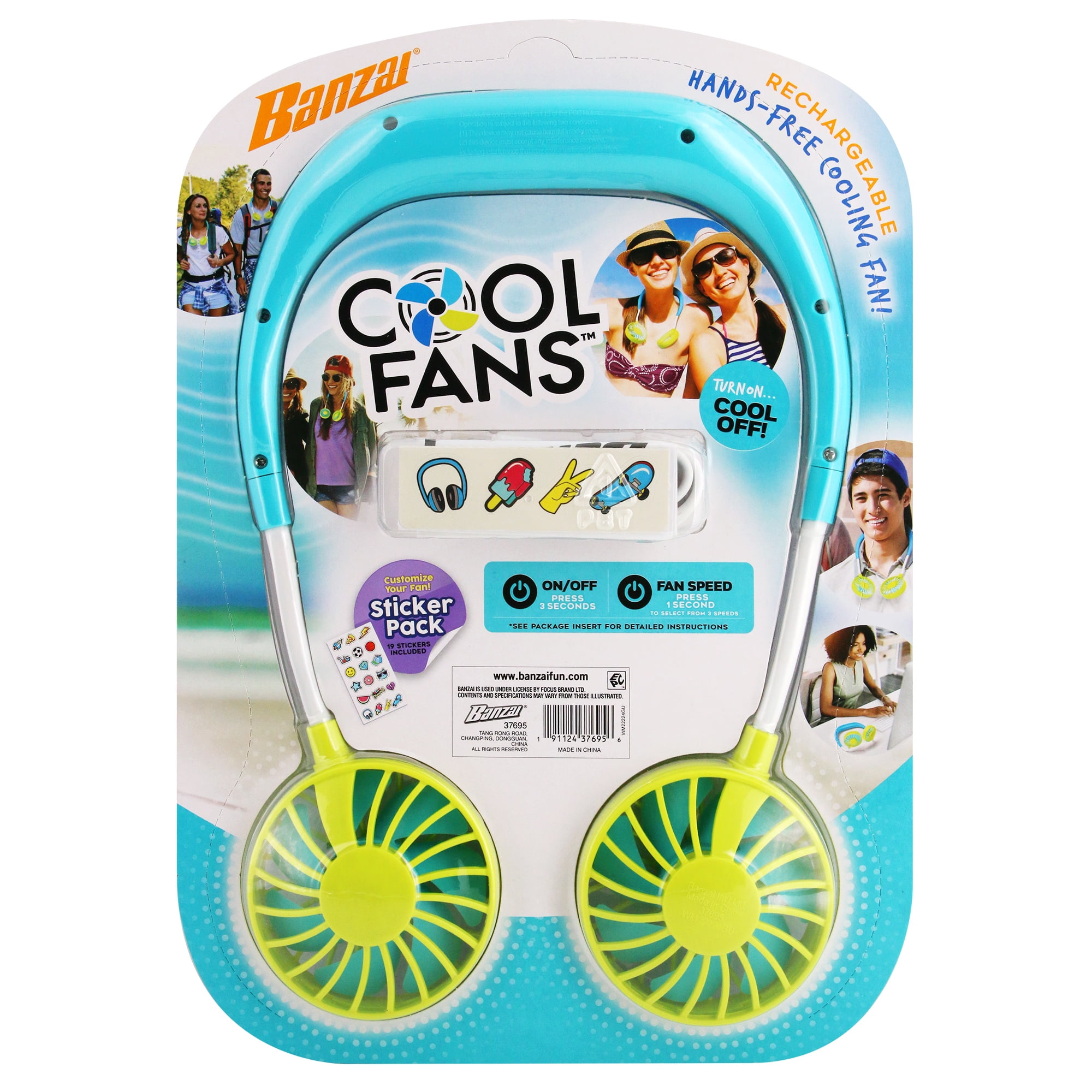 (5 pack) Banzai Wearable, Rechargeable and Personal Cool Fans with 3 Speeds and Sticker Included, Ages 14+