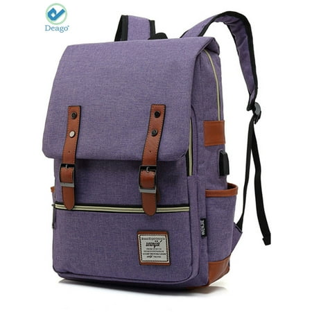 Deago Vintage Laptop Backpack For Women Men School College Backpack with USB Charging Port Fashion Rucksack Fits 15.6" Notebook (Purple)