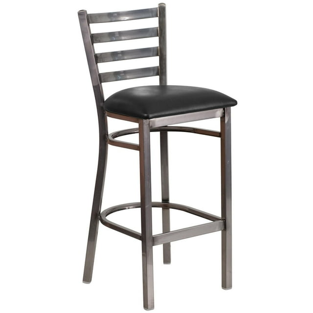 HERCULES Series Clear Coated Ladder Back Metal Restaurant Barstool - Black Vinyl Seat