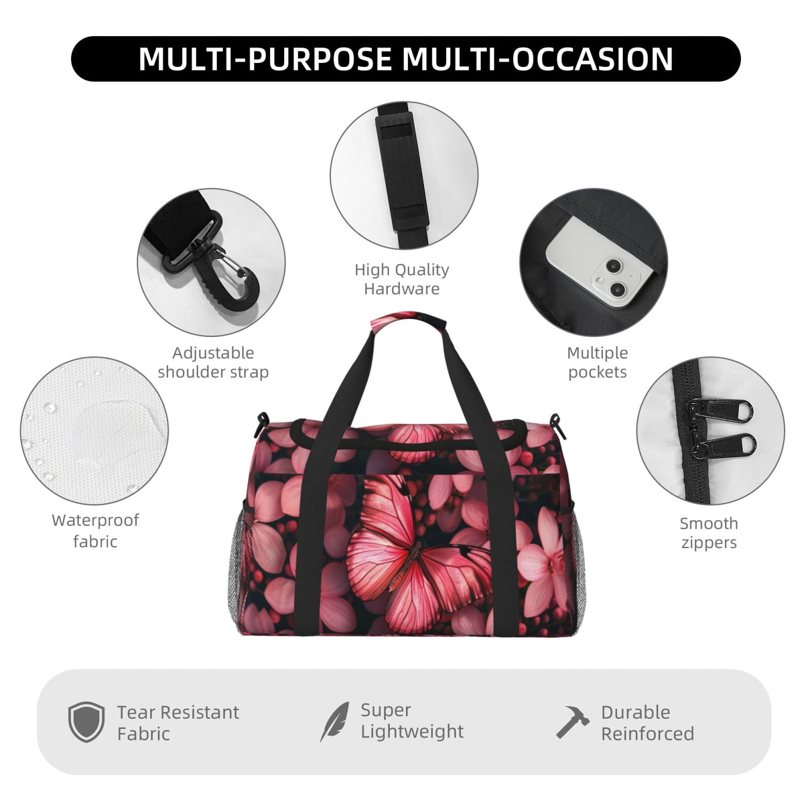Fuzoiu pink butterfly Print Travel Duffle Bag,Carry On Tote Bags,Duffel Bag,Sport Gym Bag, Hospital Bag for Labor and Delivery, Overnight Bag,Luggage Bag