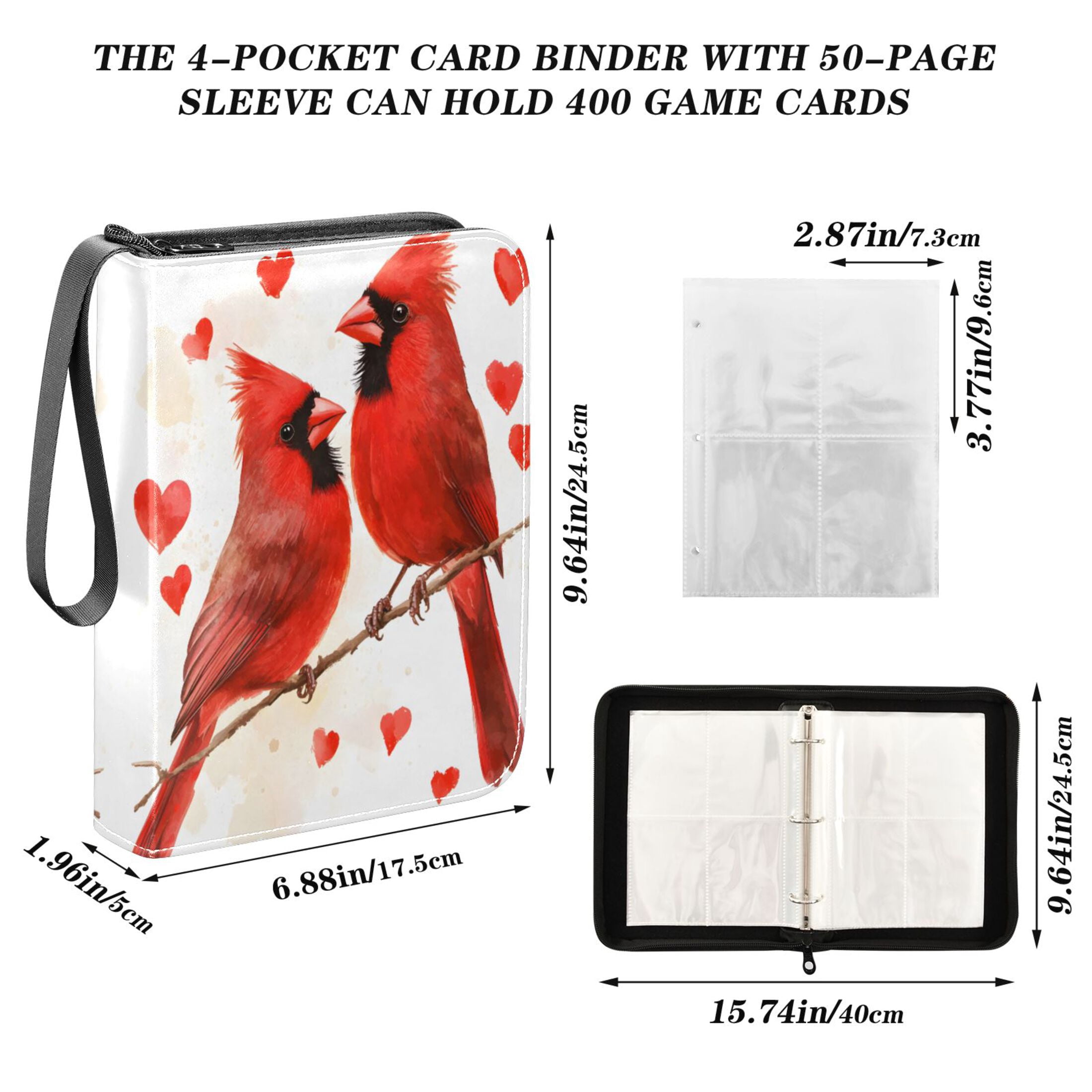 ALAZA Cardinals Bird Hearts Trading Card Binder 4 Pocket Cards Collection Album 400 Folder Holder