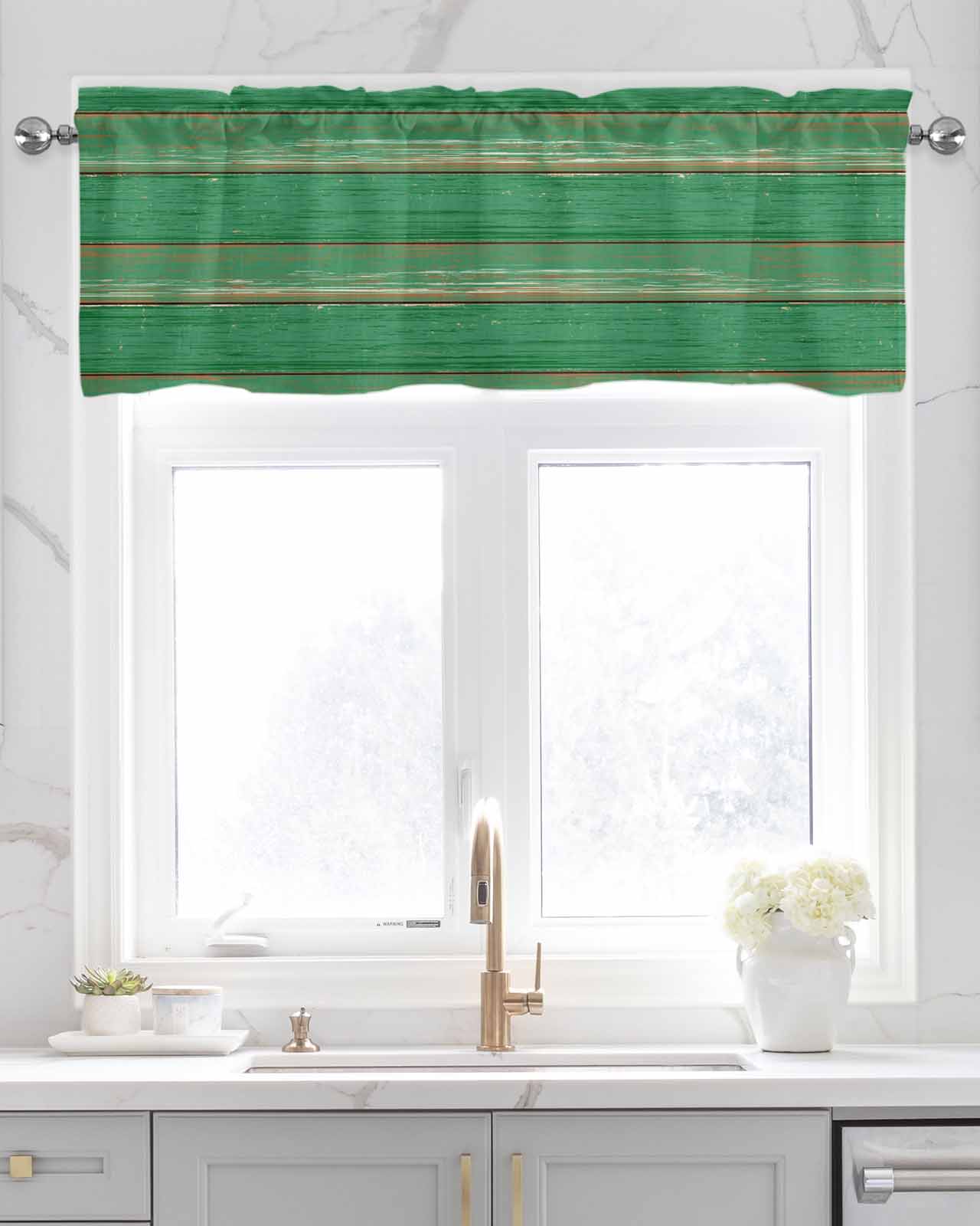 Green Wood Grain Kitchen Valances for Windows Farmhouse Linen Window Valance Curtain for Living Room Window Treatment Farmhouse Texture Vintage Country Valance Rod Pocket Topper Drape, 60 x 18 Inch