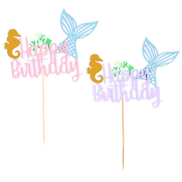 Toyvian 2pcs Mermaid Cake Topper Happy Birthday Cake Picks Cake Decoration Birthday Party Supplies