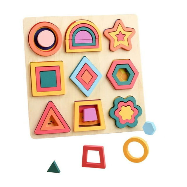Bunblic Wooden Shape Puzzles Toys for Kids Educational Toys Recognition Classroom Home Unique Sensory Learning Shape Matching Puzzles Style B
