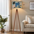 thumbnail image 2 of Wood Tripod Floor Lamp, Mid Century Wood Standing Lamp with 3 Color Temperature Dimmable Standing for Living Room, Bedroom, Office Framed Flaxen Lamp Shade, 2 of 5