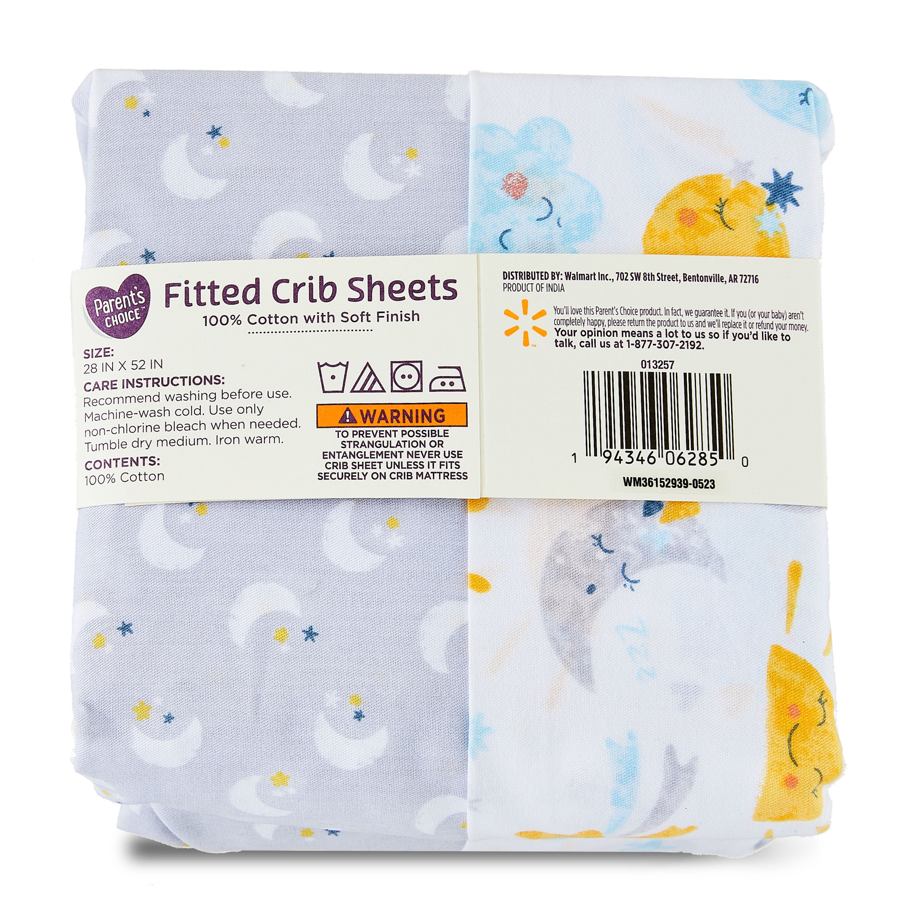 Parent's Choice Cotton Fitted Crib Sheets for Baby Boys and Girls, Moon & Stars, 2 Pack