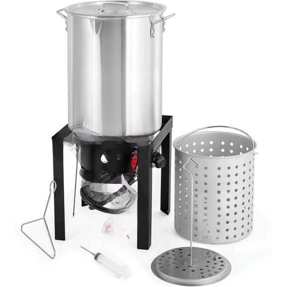 30 QT. Outdoor Fryer 50,000 BTU Turkey Fryer Set and Seafood Boil with Perforaed Basket, Ideal Outdoor Cooker for Turkey, Crawfish, Crab, Shrimp, Lobster for Thanksgiving Gathering$$Garden & Patio