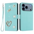 thumbnail image 2 of Leather For Apple iPhone 17 Pro Max Case Double Layered Heart-shaped Flower Flip Wallet Leather Case, Card Holder Magnetic Closure  Phone Cases Cover With Hand Strap,Green,For iPhone 17 Pro Max, 2 of 8
