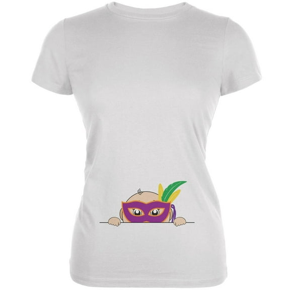 Mardi Gras - Peeking Baby King Cake White Juniors Soft T-Shirt - X-Large
