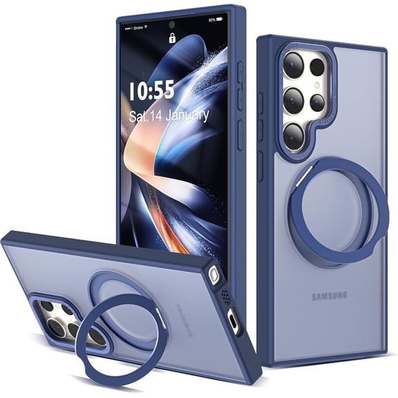 Designed for Samsung Galaxy S24 Ultra Case with 360° Rotatable & Invisible Magnetic Ring Stand [Compatible with Magsafe] Military-Grade Translucent S24 Ultra Phone Case 6.8", Blue
