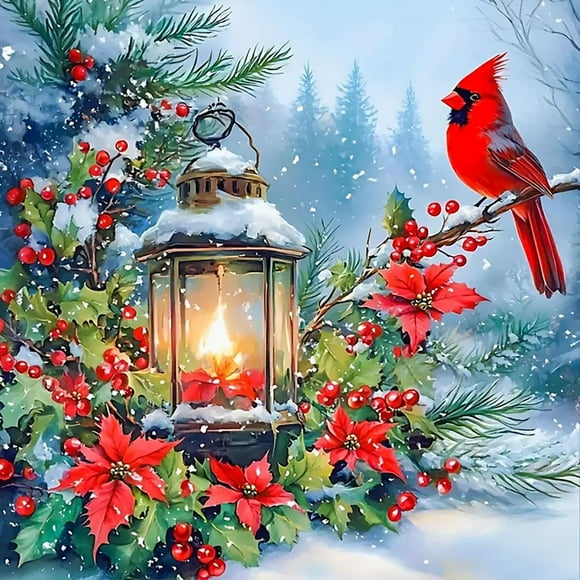 Christmas Red Sparrow Light Diamond Painting Set, Winter Diamond Painting Set, Suitable for Adult Beginners, 5D DIY Full Diamond Gemstone Art Set, 13.8x13.8 inch Frameless