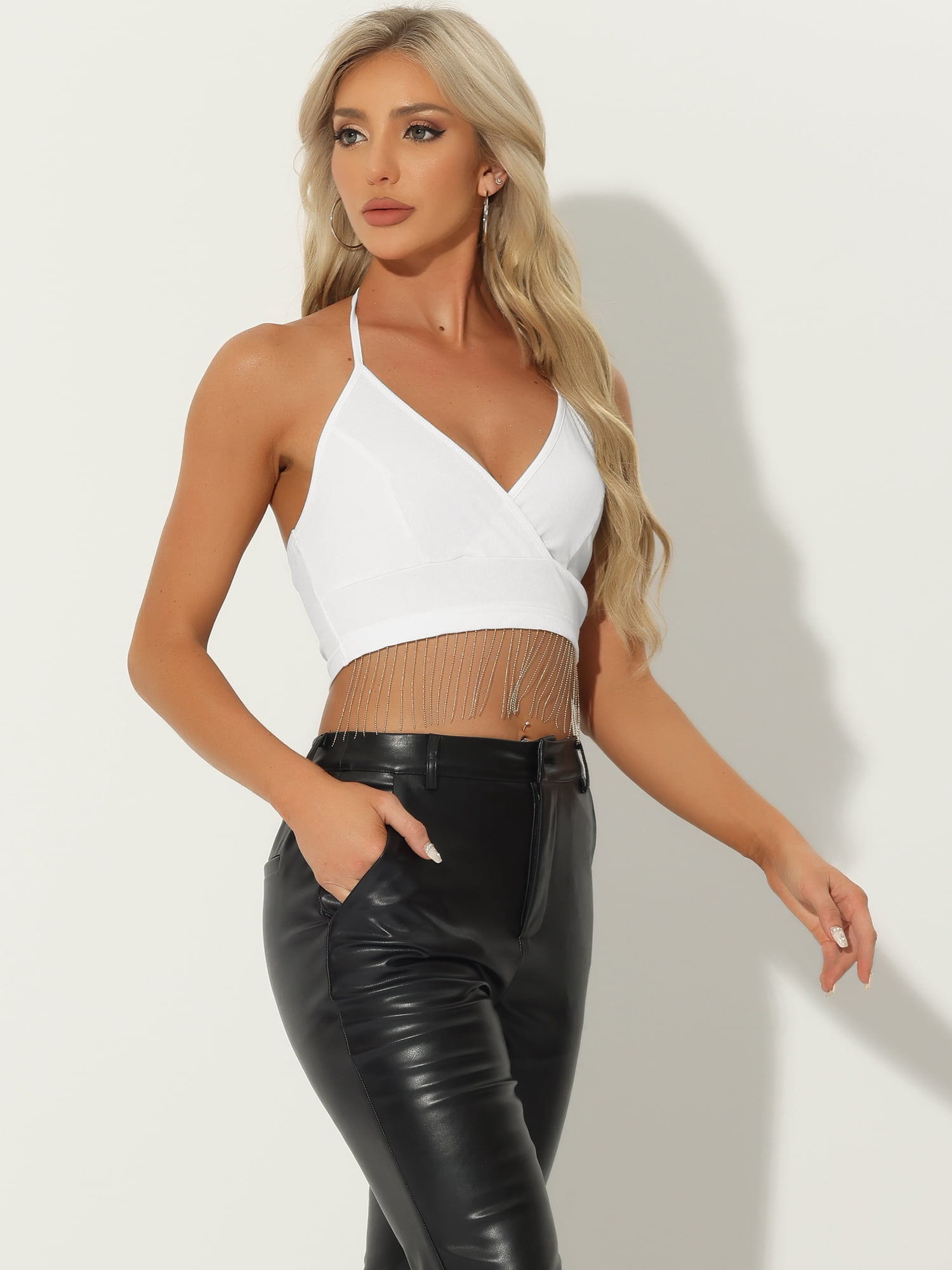 Unique Bargains Women's Sleeveless Rhinestone Fringe Tie Halter Neck Cropped Cami Tops XS White