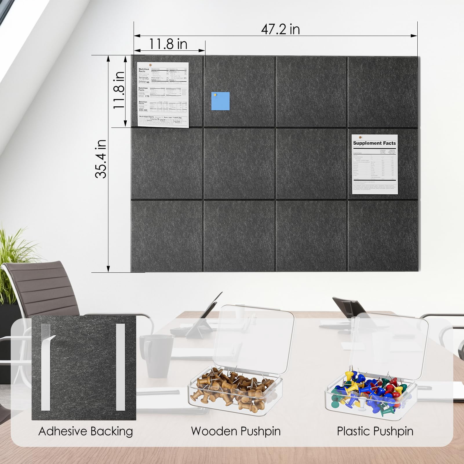MaxGear Large Cork Board for Wall 48" x 36", 12 Pack Felt Wall Tiles with Pushpins, Dark Gray Bulletin Board, Pin Board Tack Board for Office, Home, Decoration