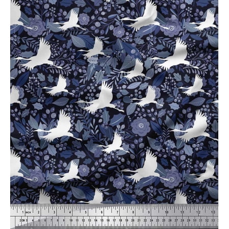 Soimoi Polyester Crepe Fabric Leaves Floral & Princess Cat Bird Printed Fabric 1 Yard 42 Inch Wide