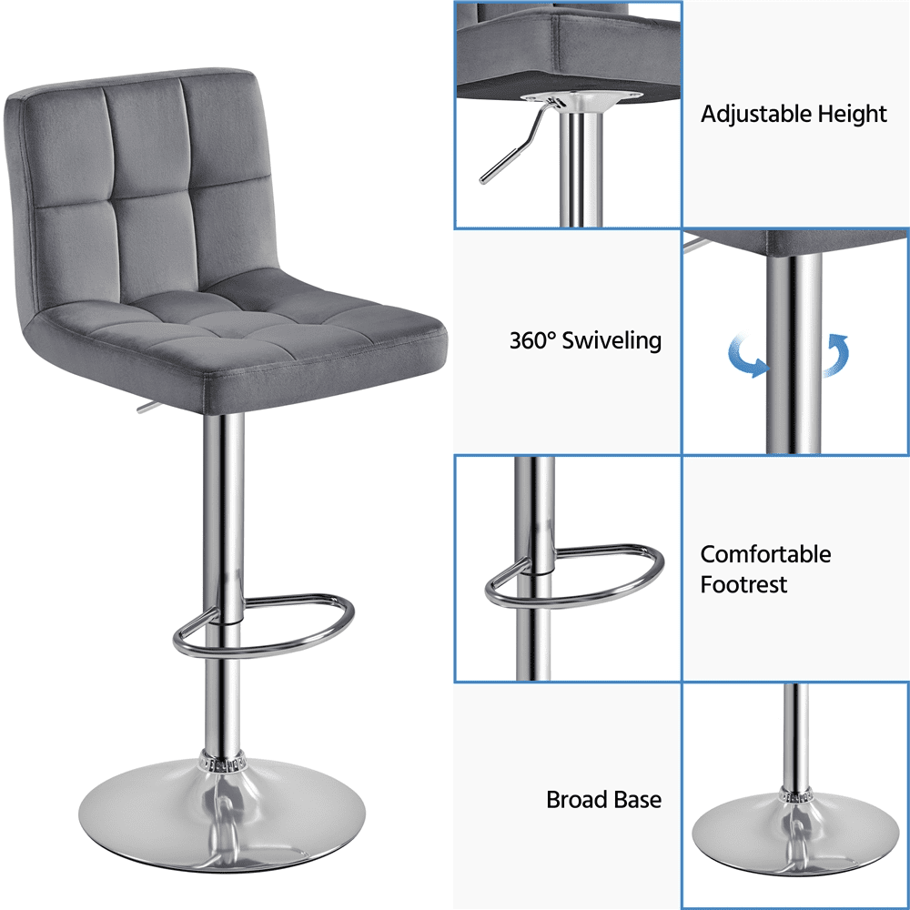 Yaheetech 2pcs Adjustable Velvet Counter Bar Stools with Backrest for Dining Room, Dark Gray