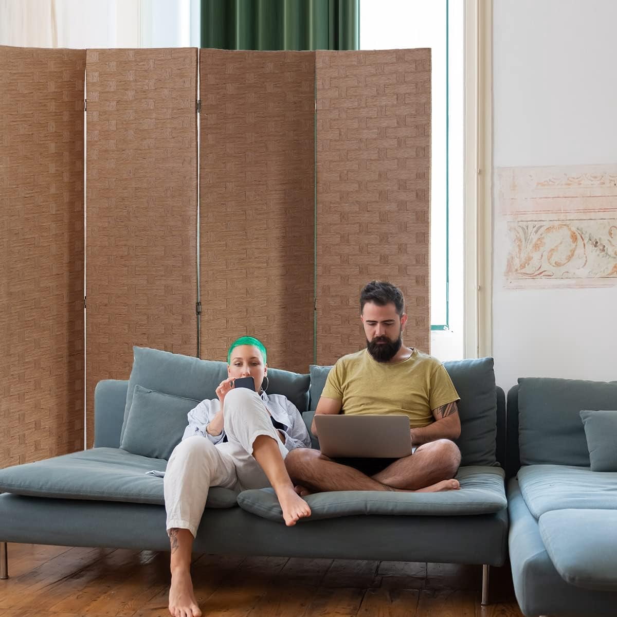 Dkelincs 4 Panel Room Dividers and Folding Privacy Screen Wooden Partition Wall Divider Portable Freestanding Privacy Wall, Natural