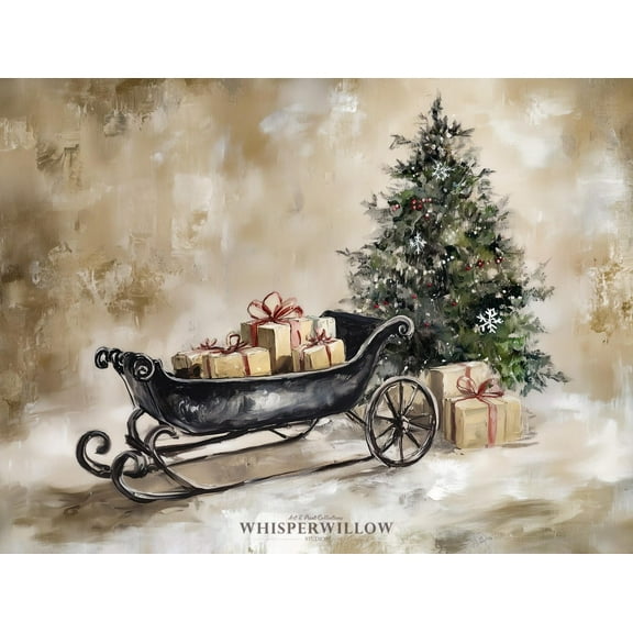 Velto Vintage Holiday Sleigh With Gifts And Tree, Elegant Holiday Artwork, Magical Season Wall Decor Canvas, 8x10 0.75-Inch Pine Wood Frame