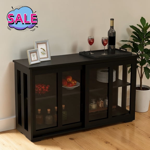 Hassch Sideboard Buffet Cabinet, Coffee Bar Cabinet with Sliding Glass Door, Modern Storage Cabinet with Adjustable Shelf for Kitchen, Hallway, Living Room, Black
