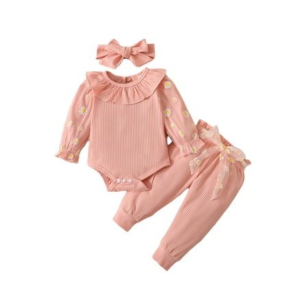 

uukiA Infant 0-18 Months Newborn Girl Daisy Mesh Ruffle Collar Romper Pants Hairband 3PCs Outfit Set