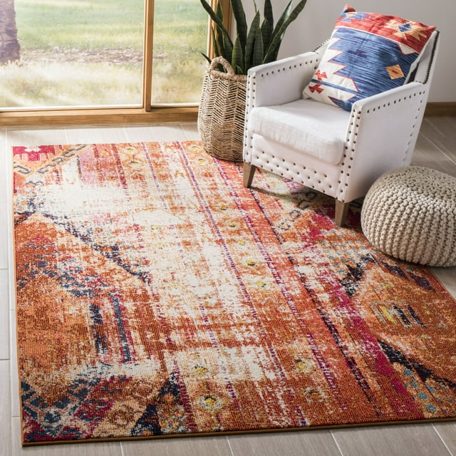 Safavieh Monaco Collection MNC222H Boho Chic Tribal Distressed Non-Shedding Stain Resistant Living Room Bedroom Area Rug, 6'7" x 9'2", Orange / Multi