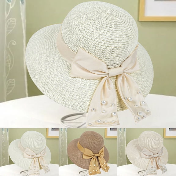 Baberdicy Women's Pearl Straw Sun Hat, Foldable Wide Brim Beach Cap,Beige Fits All – Gift Ready