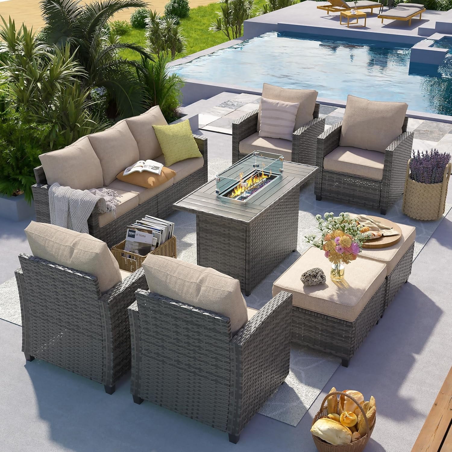 ELPOSUN 7 Pieces Outdoor Patio Furniture Set with Fire Pit Table, Outdoor Wicker Sectional Patio Conversation Set with Ottoman for Garden, Poolside, Backyard, Khaki Cushion