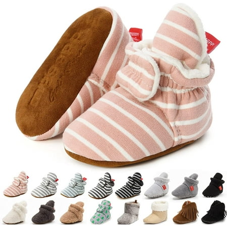 

QWZNDZGR Infant Baby Boy Girl Cozy Fleece Bootie Newborn Stay On Slipper Winter Warm Gripper Non-Slip Crib Shoes