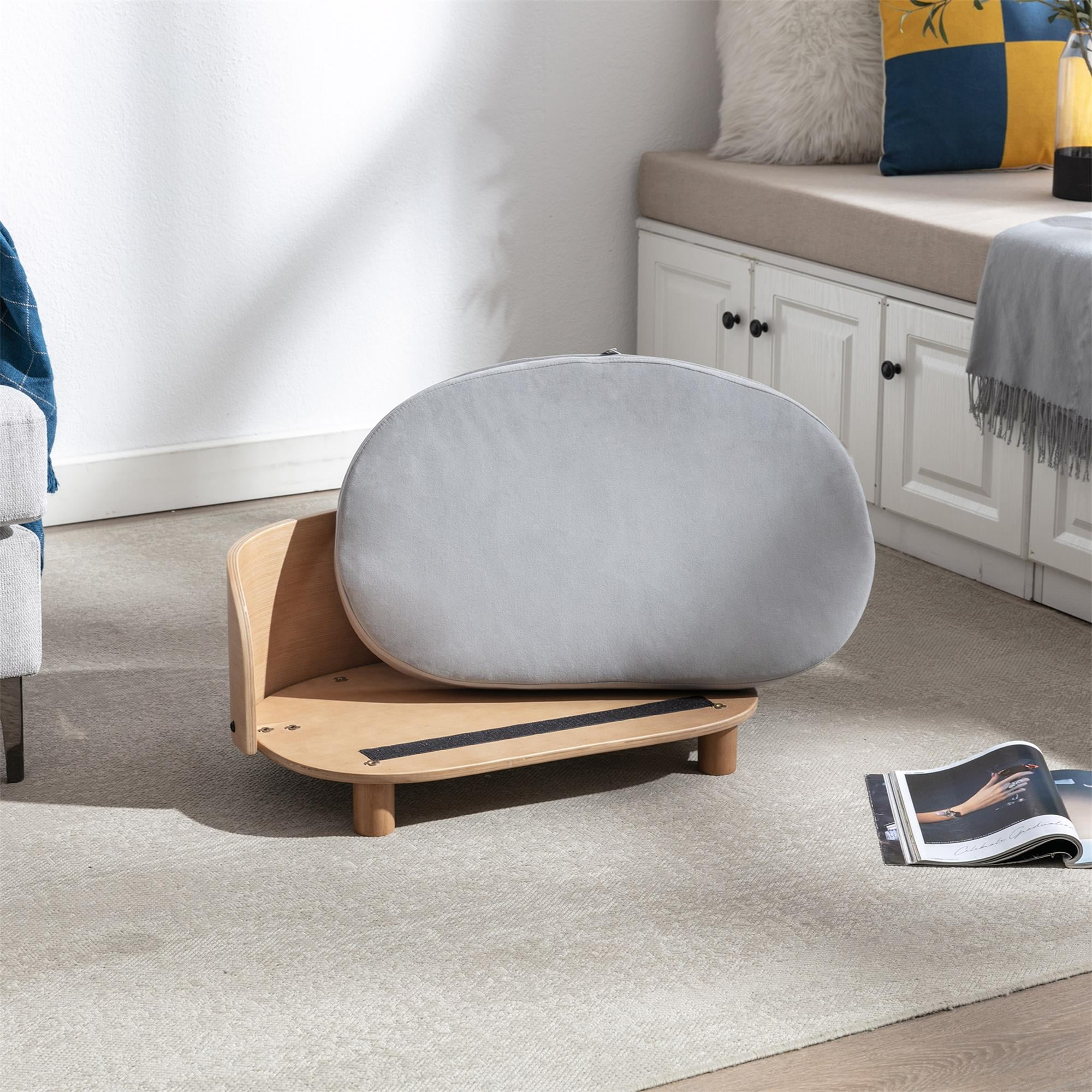Pefilos 26" Modern Pet Sofa Dog Bed With Solid Wood legs and Bent Wood Back, Velvet Cushion, Walnut, Light Gray Pefilos 26" Modern Pet Sofa Dog Bed With Solid Wood legs and Bent Wood Back, Velvet Cushion, Walnut, Light Gray